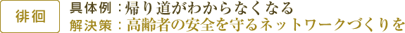 【徘徊】具体例：帰り道がわからなくなる/解決策：高齢者の安全を守るネットワークづくりを