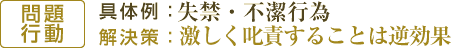 【問題行動】具体例：失禁・不潔行為/解決策：激しく叱責することは逆効果