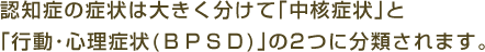 認知症の症状は大きく分けて｢中核症状｣と｢行動･心理症状(ＢＰＳＤ)｣の2つに分類されます。